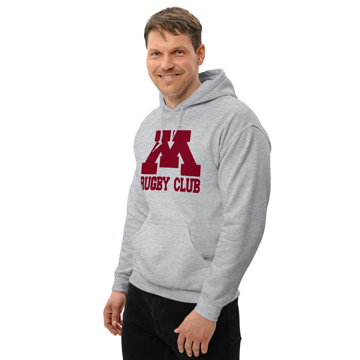 M Rugby Club sport gray pullover hoodie, alternate left-side view.