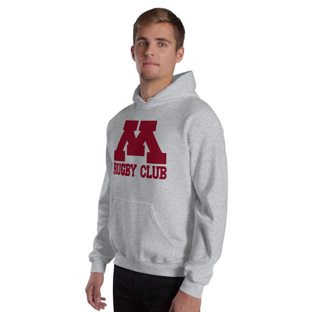 M Rugby Club sport gray pullover hoodie, second alternate left-side view.