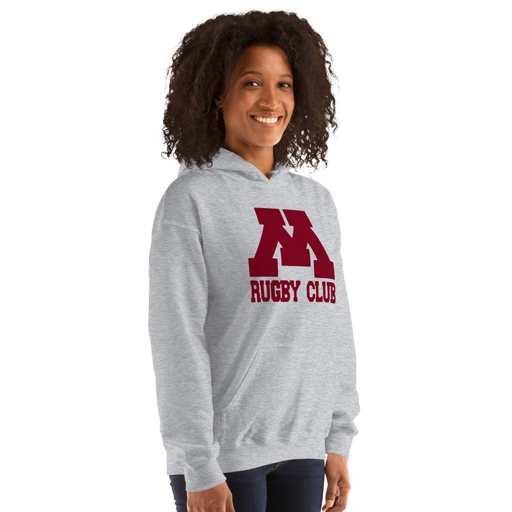 M Rugby Club sport gray pullover hoodie, right-side view.