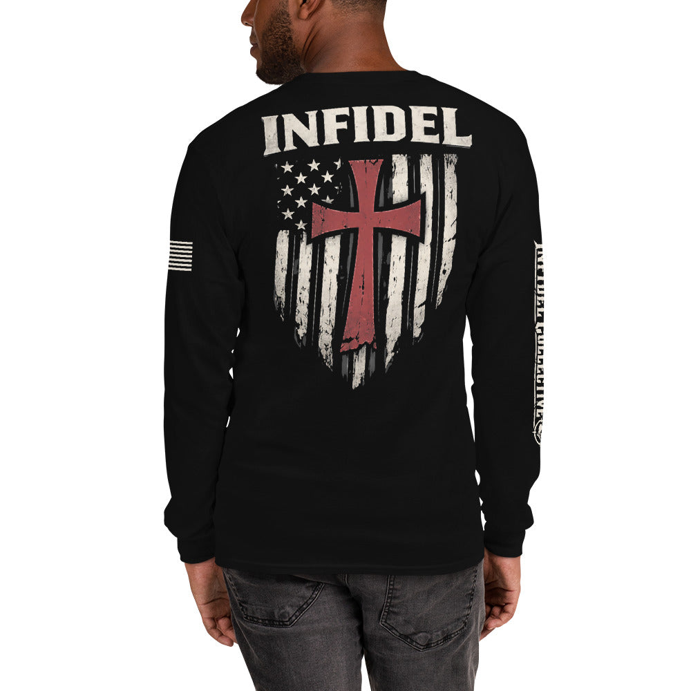 Crimson Cross Infidel Flag back-print black long sleeve tee, back view, image 3