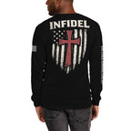 Crimson Cross Infidel Flag back-print black long sleeve tee, back view, image 3