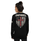 Crimson Cross Infidel Flag back-print black long sleeve tee, back view, image 4