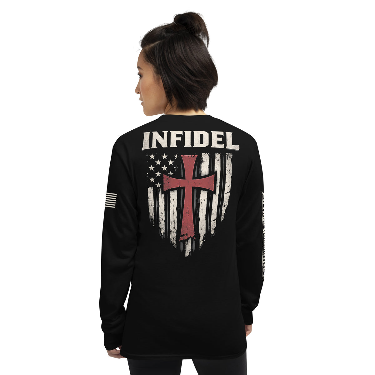 Crimson Cross Infidel Flag back-print black long sleeve tee, back view, image 4