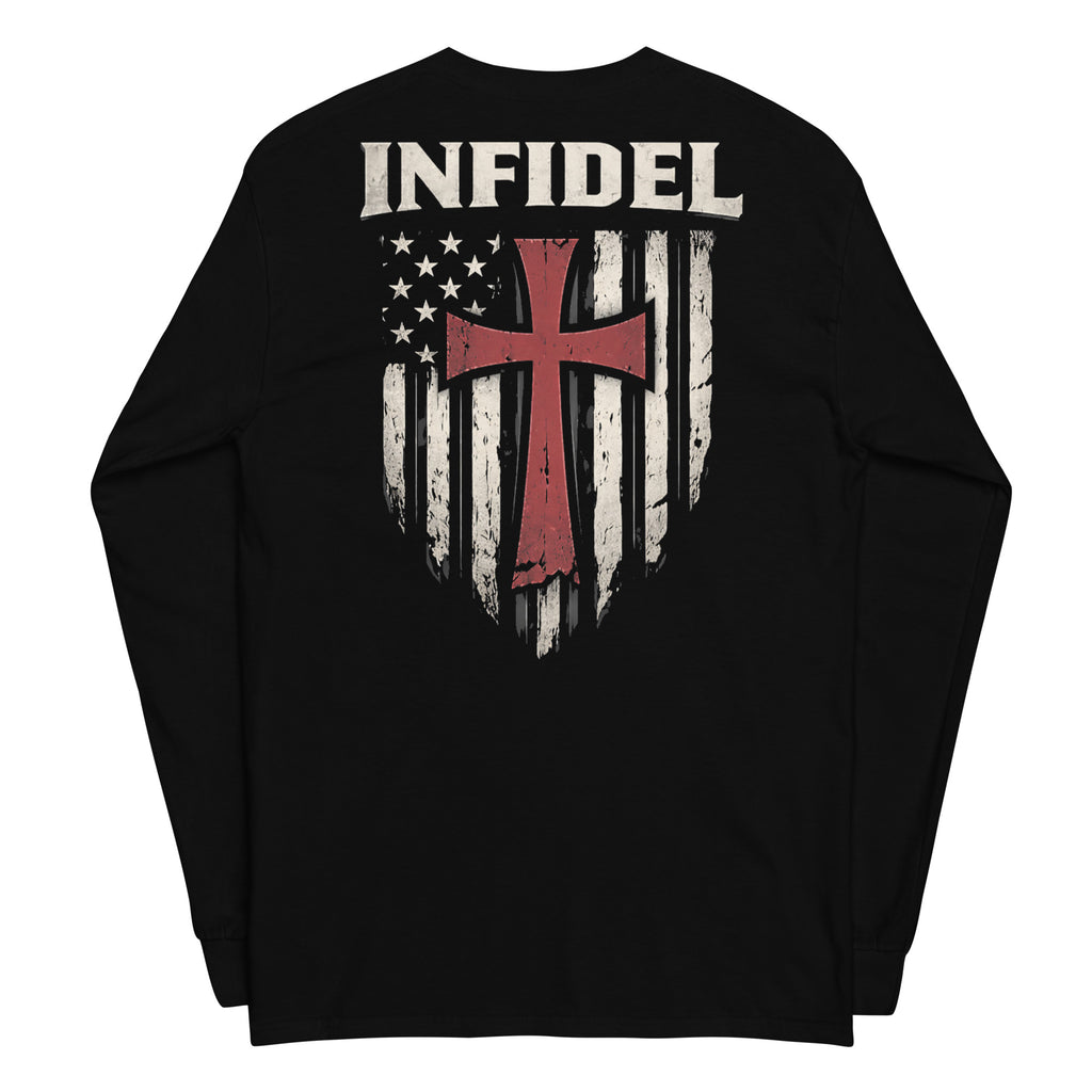 Crimson Cross Infidel Flag back-print black long sleeve tee, back view, image 1