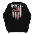 Crimson Cross Infidel Flag back-print black long sleeve tee, back view, image 1