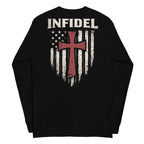 Crimson Cross Infidel Flag back-print black long sleeve tee, back view, image 1