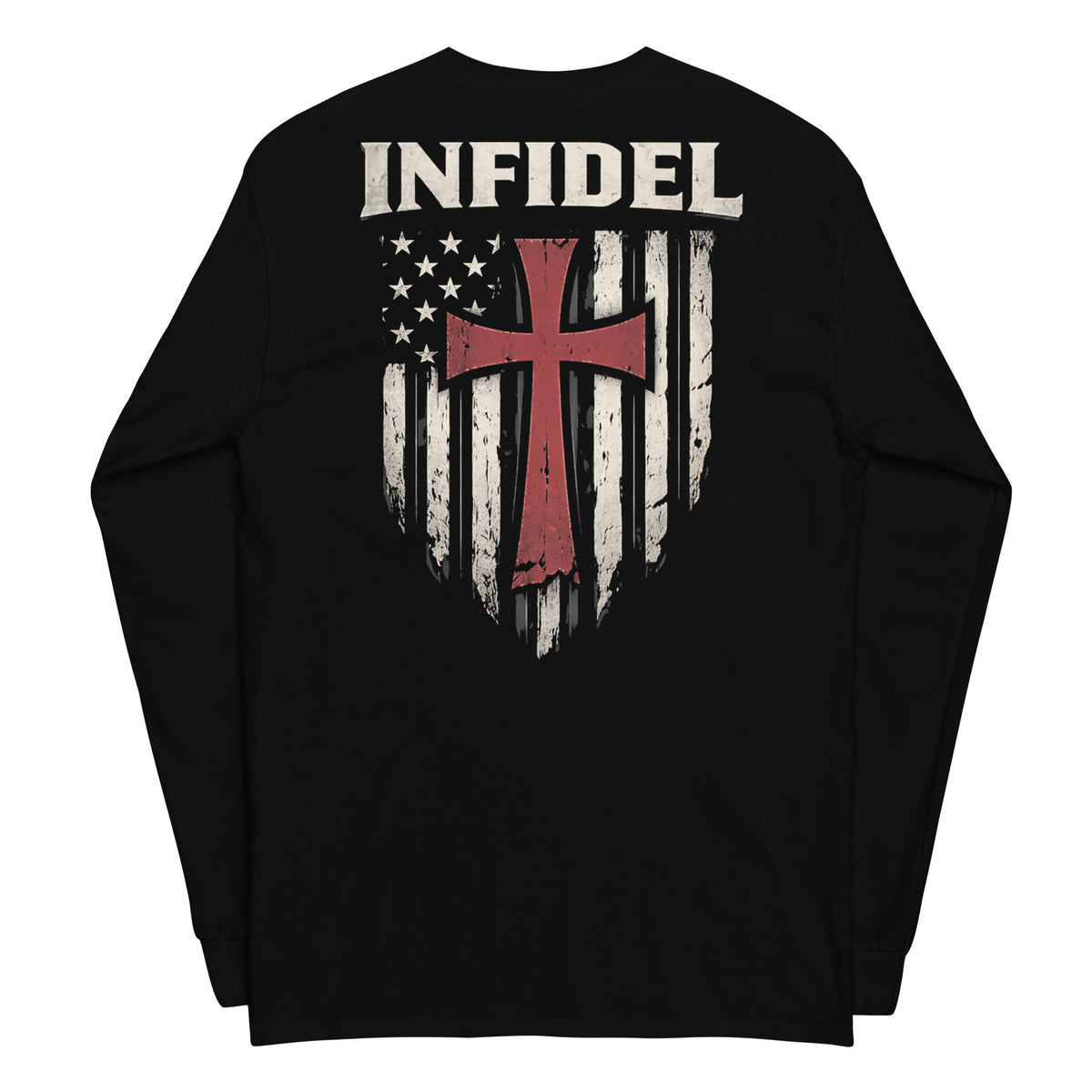 Crimson Cross Infidel Flag back-print black long sleeve tee, back view, image 1