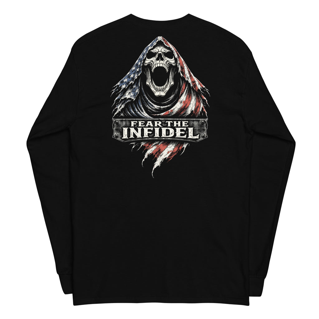 Fear the Infidel Red Streak Reaper back-print black long sleeve tee, back view, image 2