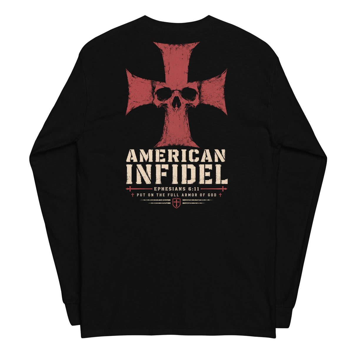 Black Full Armor American Infidel long-sleeve tee, back view