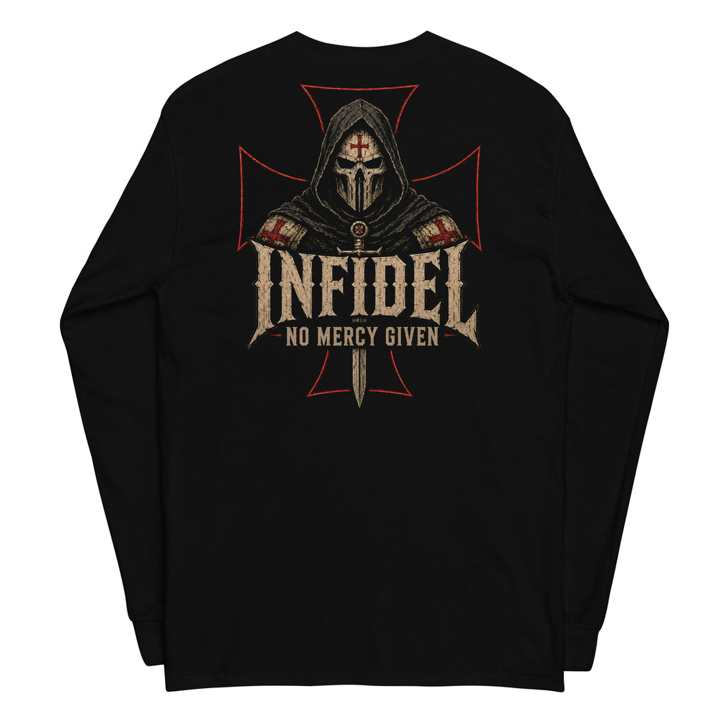 Death Mask Infidel No Mercy Given back-print black heavyweight long-sleeve tee, back view