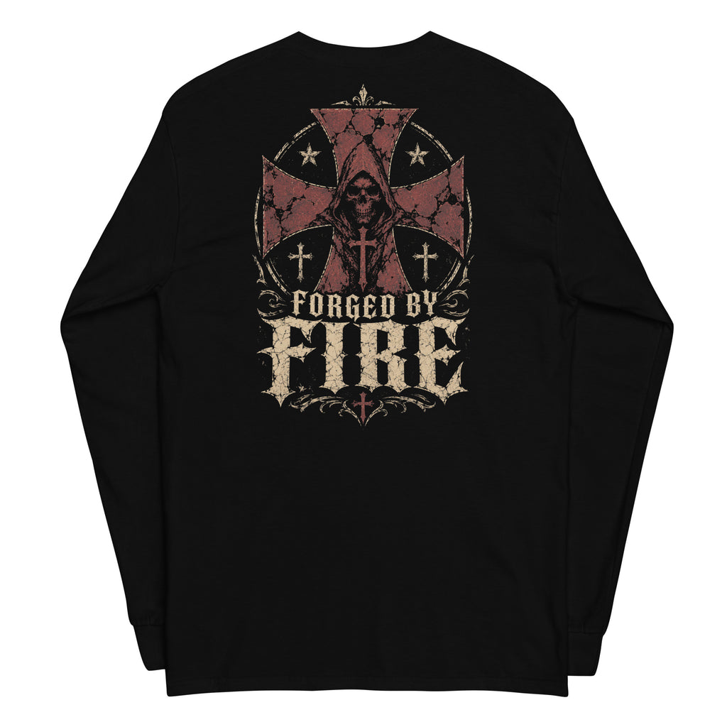 Forged by Fire Creed Back Print back-print black heavyweight long-sleeve tee, back view