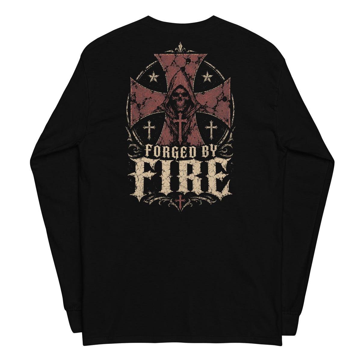 Forged by Fire Creed Back Print back-print black heavyweight long-sleeve tee, back view