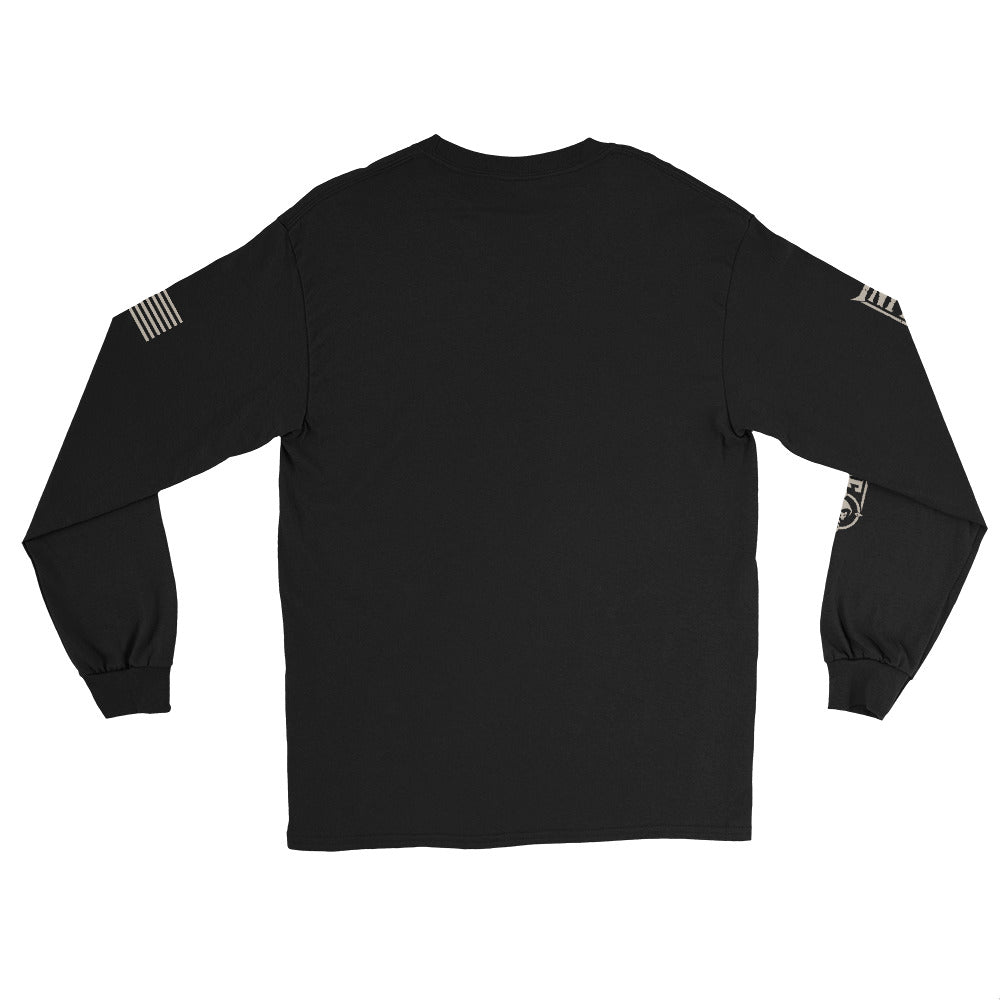 Infidel Fear None Hooded Knight front-print black heavyweight long-sleeve tee, back view 2