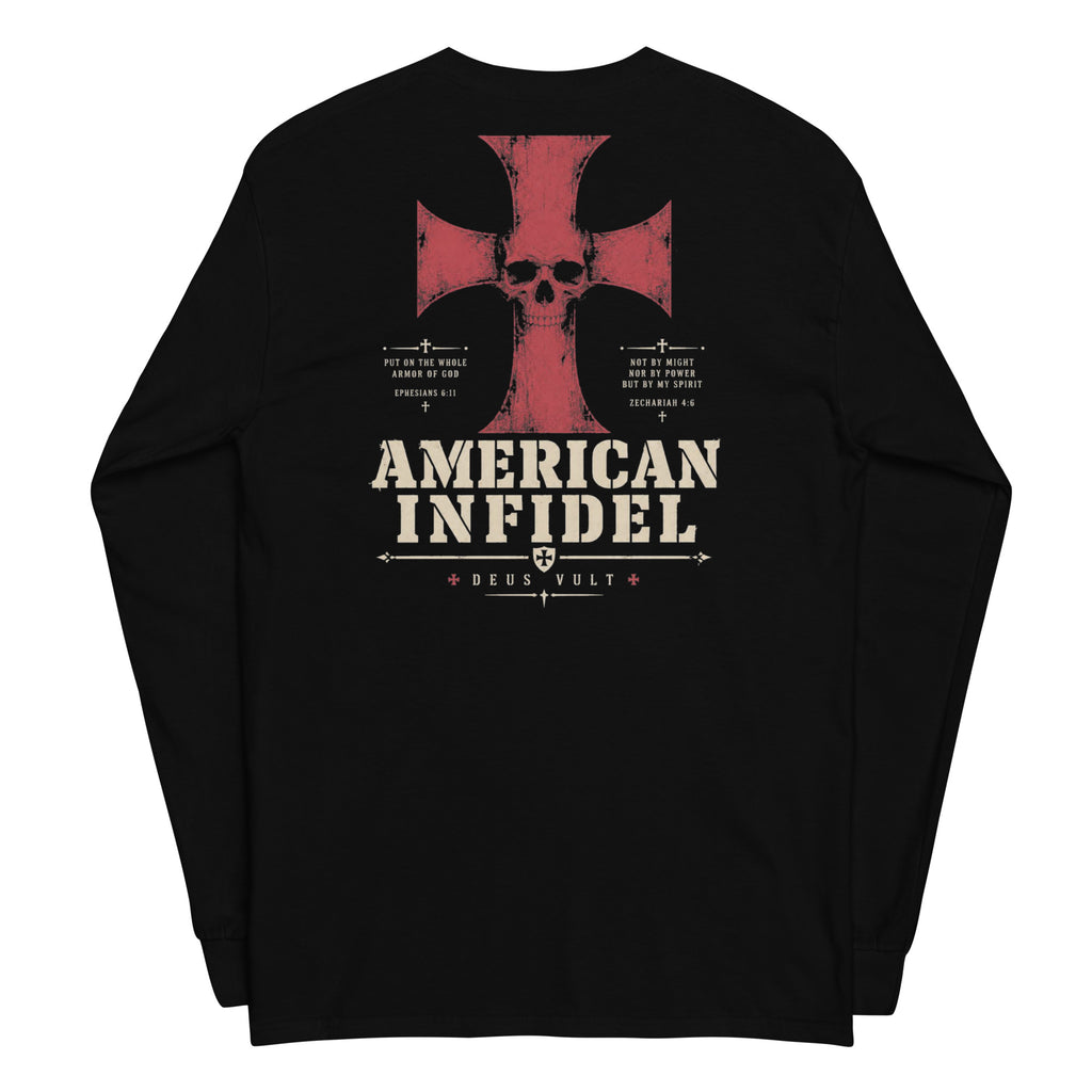 Deus Vult American Infidel Back Print back-print black heavyweight long-sleeve tee, back view