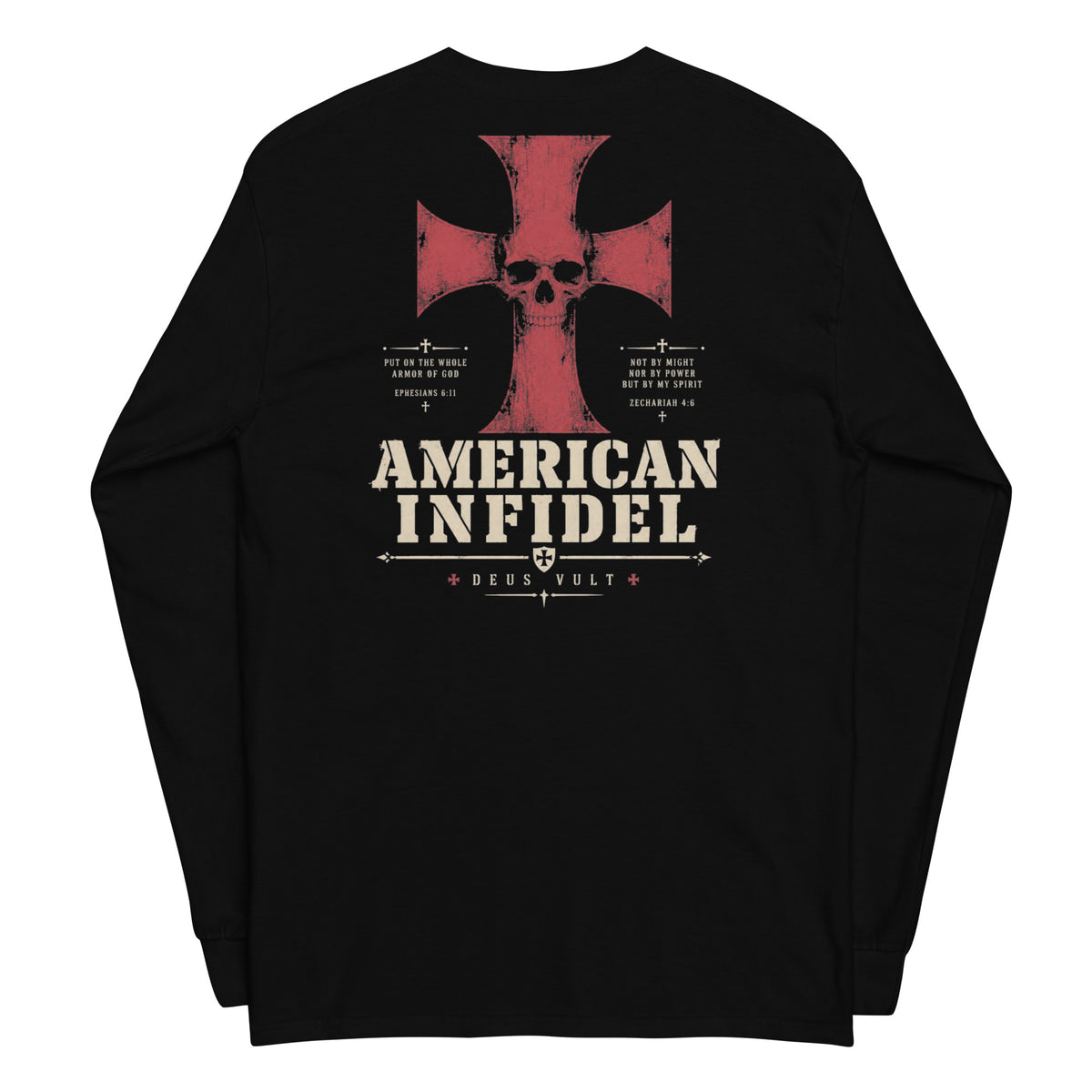 Deus Vult American Infidel Back Print back-print black heavyweight long-sleeve tee, back view