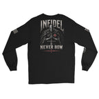 Knight of Infidel Never Bow Back Print back-print black heavyweight long-sleeve tee, back view 2