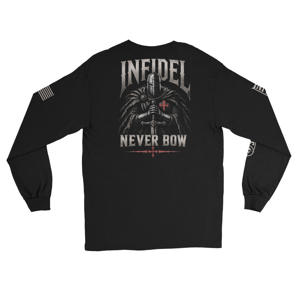 Knight of Infidel Never Bow Back Print back-print black heavyweight long-sleeve tee, back view 2