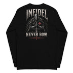 Knight of Infidel Never Bow Back Print back-print black heavyweight long-sleeve tee, back view