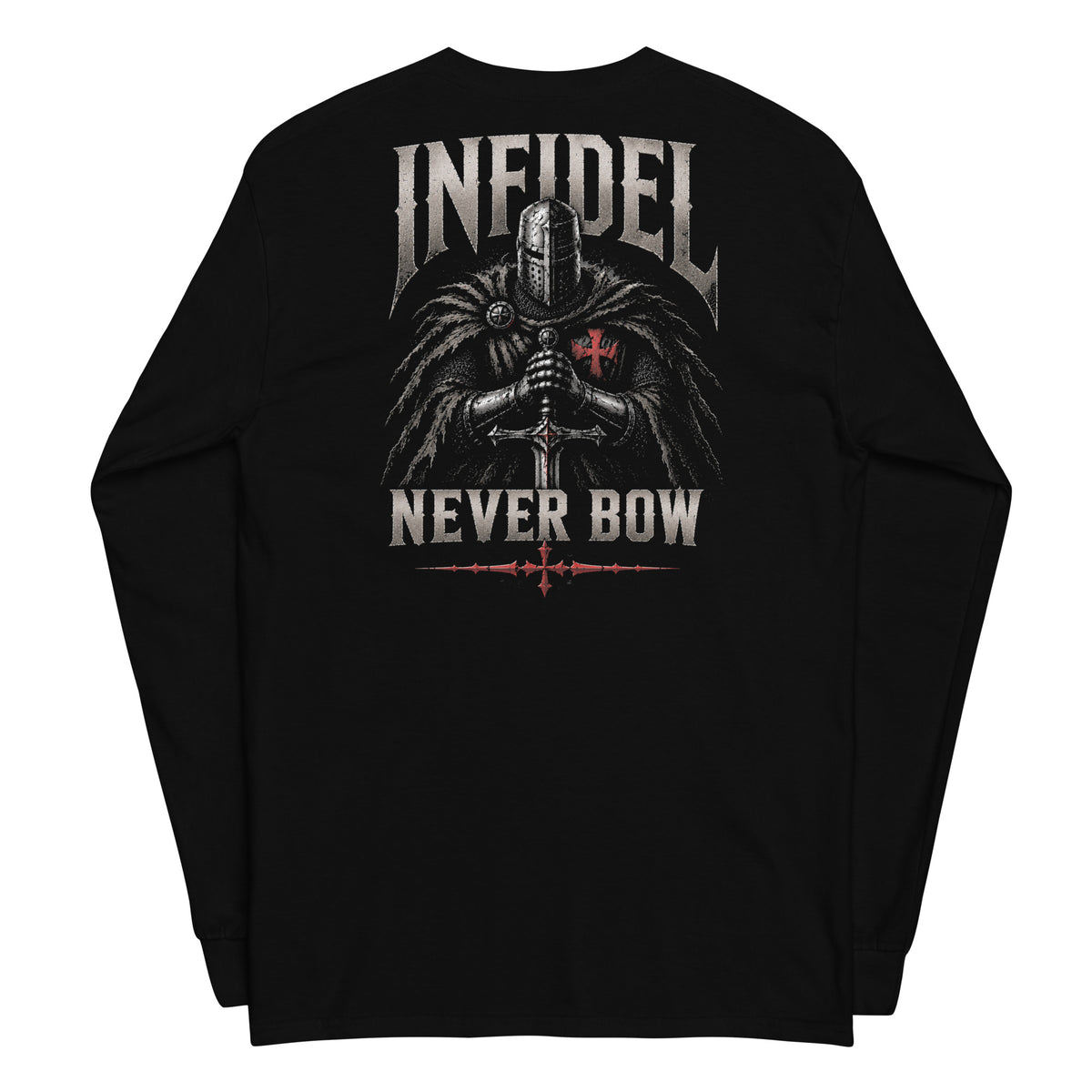Knight of Infidel Never Bow Back Print back-print black heavyweight long-sleeve tee, back view