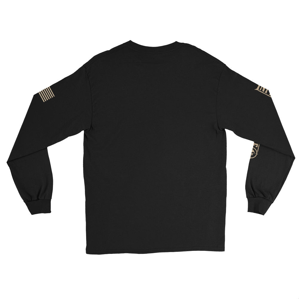 Death Mask Infidel No Apology front-print black heavyweight long-sleeve tee, back view 2