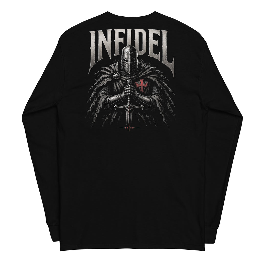 Infidel Knight of Creed Back Print back-print black heavyweight long-sleeve tee, back view