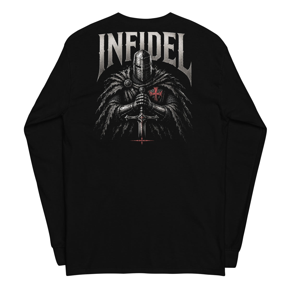 Infidel Knight of Creed Back Print back-print black heavyweight long-sleeve tee, back view