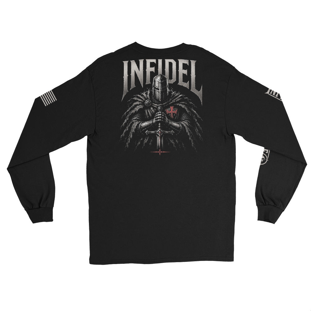 Infidel Knight of Creed Back Print back-print black heavyweight long-sleeve tee, back view 2