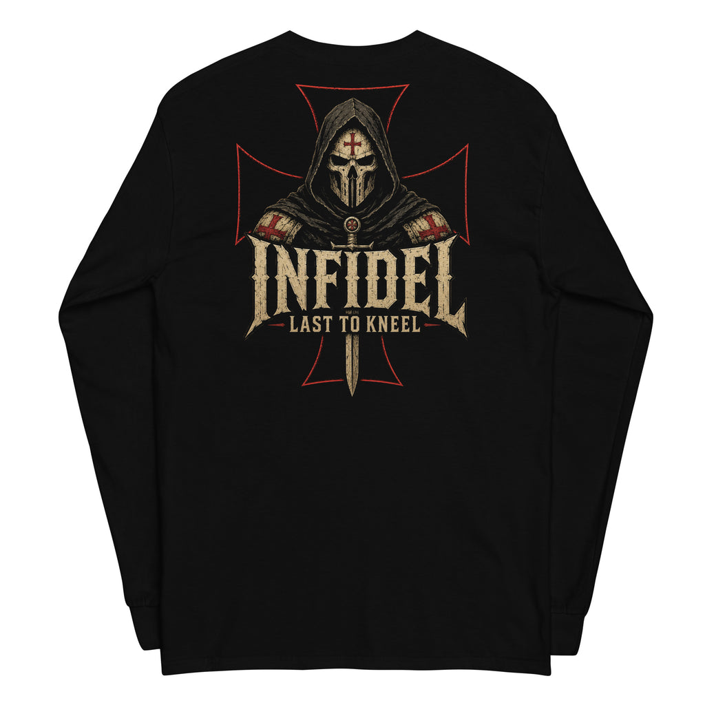 Death Mask Infidel Last to Kneel Back Print back-print black heavyweight long-sleeve tee, back view