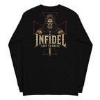 Death Mask Infidel Last to Kneel Back Print back-print black heavyweight long-sleeve tee, back view