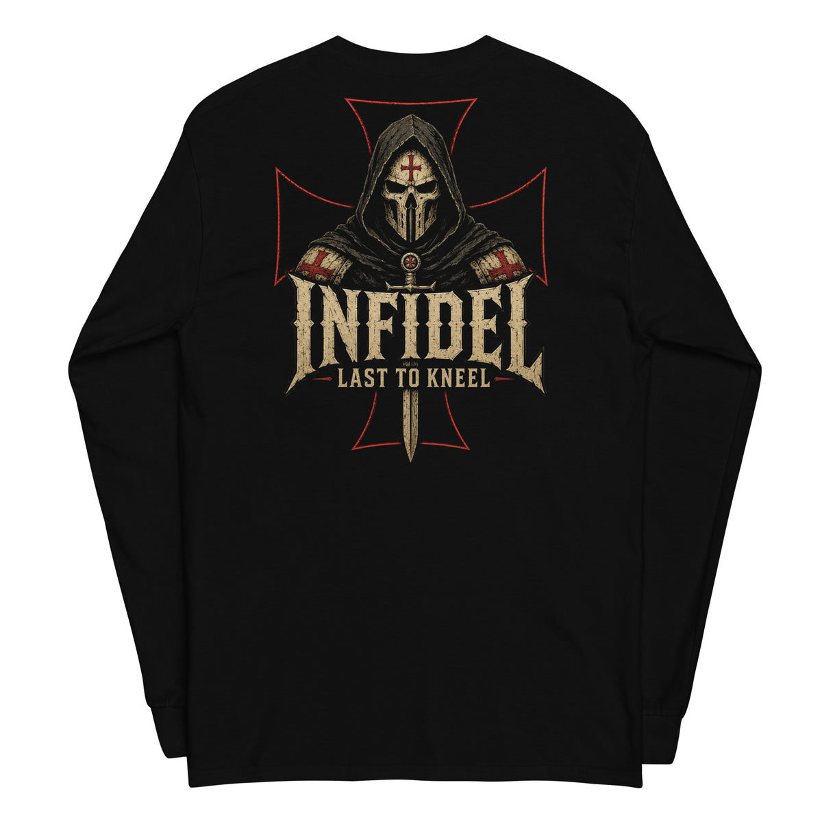 Death Mask Infidel Last to Kneel Back Print back-print black heavyweight long-sleeve tee, back view