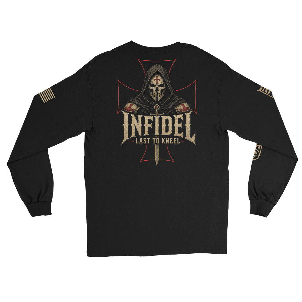 Death Mask Infidel Last to Kneel Back Print back-print black heavyweight long-sleeve tee, back view 2
