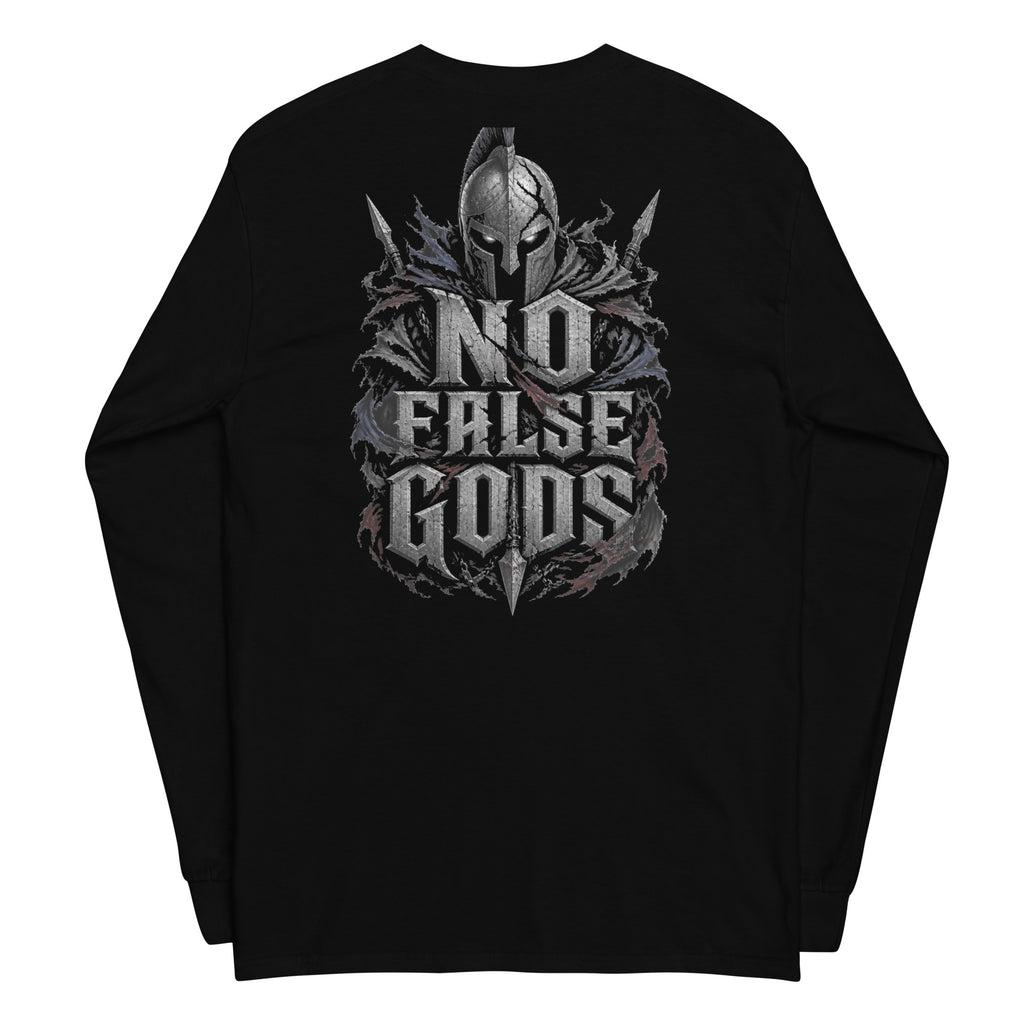 No False Gods Spartan Back Print back-print black heavyweight long-sleeve tee, back view