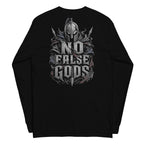 No False Gods Spartan Back Print back-print black heavyweight long-sleeve tee, back view
