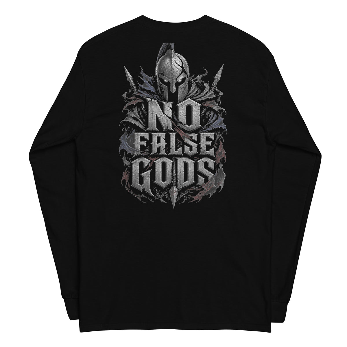 No False Gods Spartan Back Print back-print black heavyweight long-sleeve tee, back view