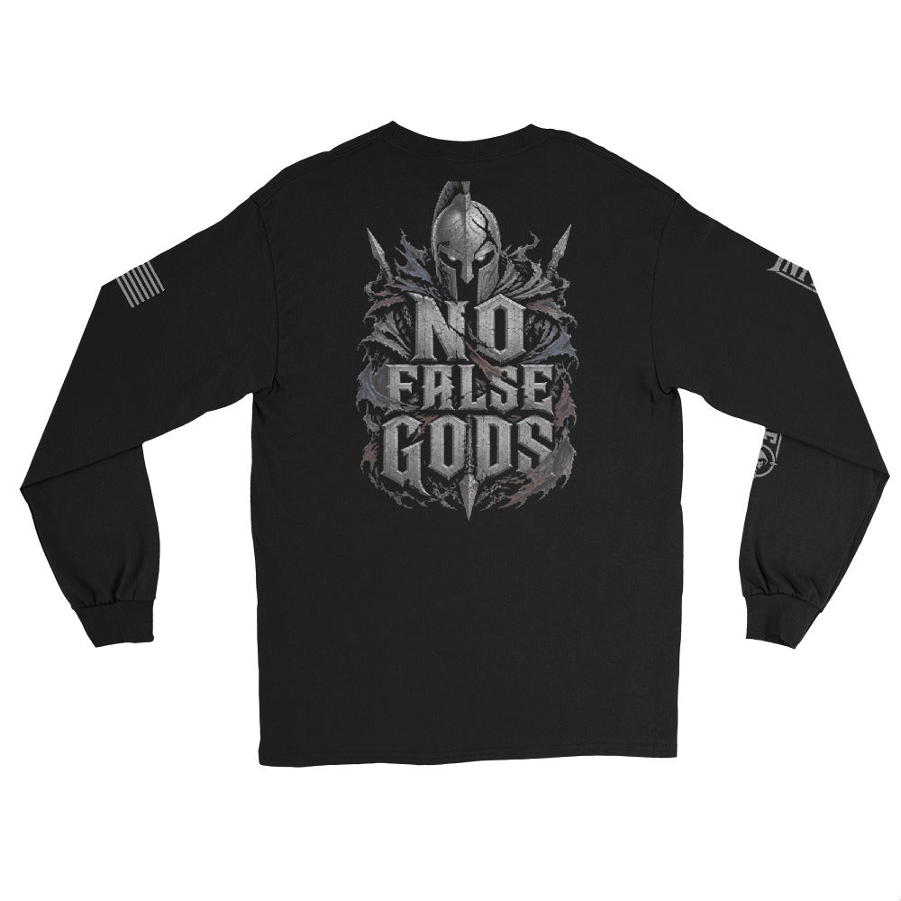 No False Gods Spartan Back Print back-print black heavyweight long-sleeve tee, back view 2