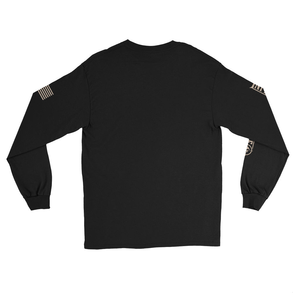 Infidel Faith Honor Resistance Shield front-print black heavyweight long-sleeve tee, back view
