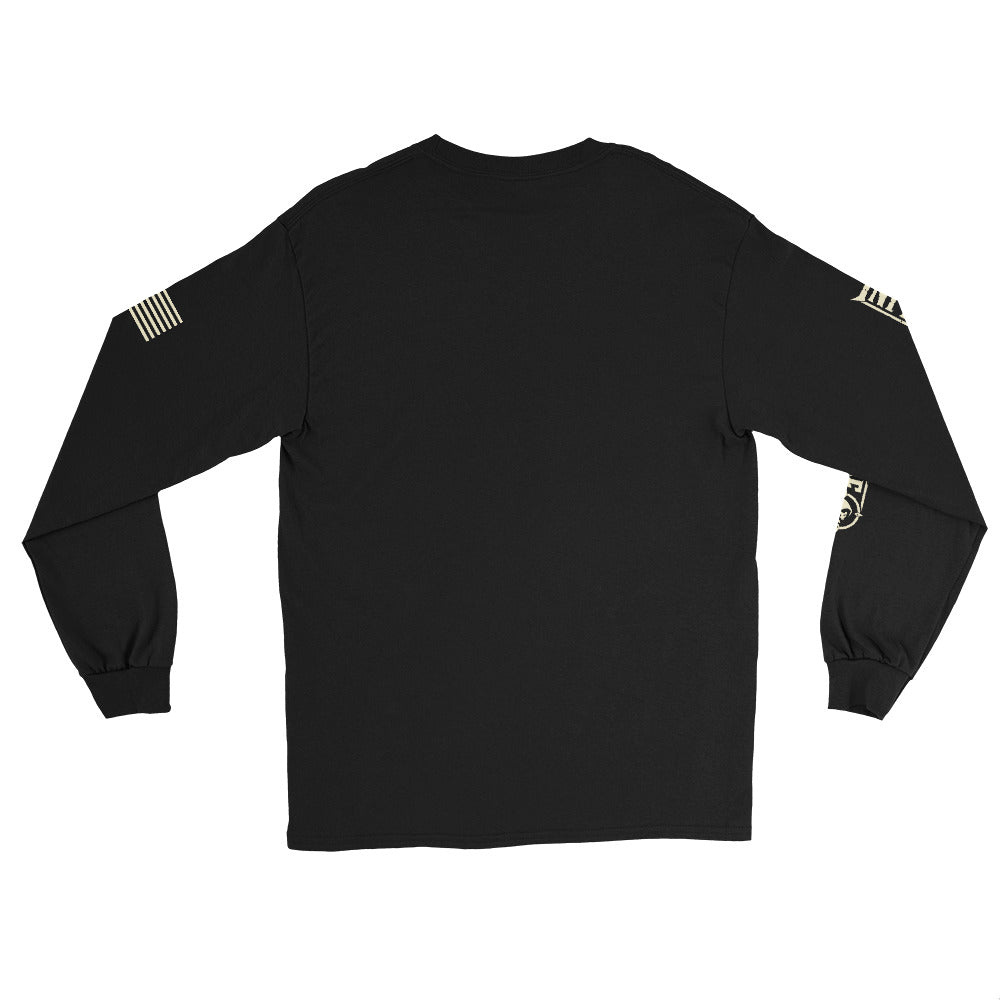 Cross My Infidel Heart Flag Shield front-print black heavyweight long-sleeve tee, back view 2