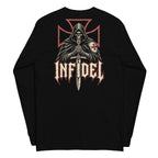A black long-sleeve t-shirt shown from the back, featuring a large graphic print of a grim reaper holding a sword, a red Maltese cross, and the word 'INFIDEL' in a stylized gothic font.