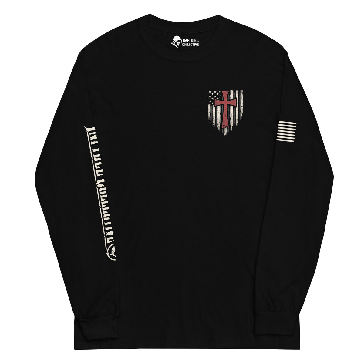 Crimson Cross Infidel Flag back-print black long sleeve tee, front view, image 2