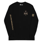 Death Mask Infidel No Apology back-print black long sleeve tee, front view, image 1