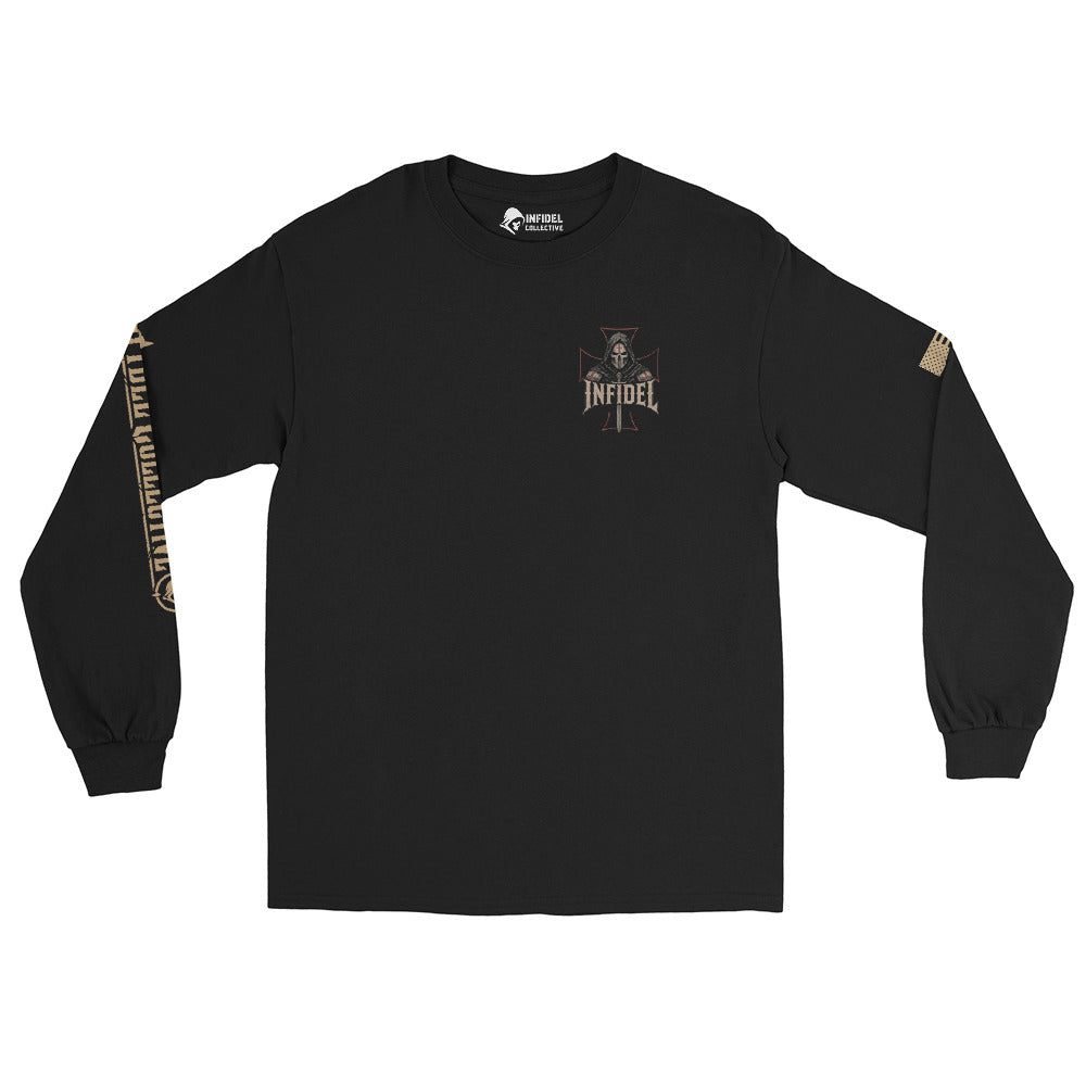 Death Mask Infidel No Apology back-print black long sleeve tee, front view, image 6