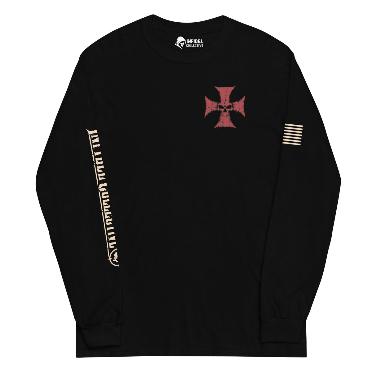 Black Full Armor American Infidel heavyweight long-sleeve tee, front view