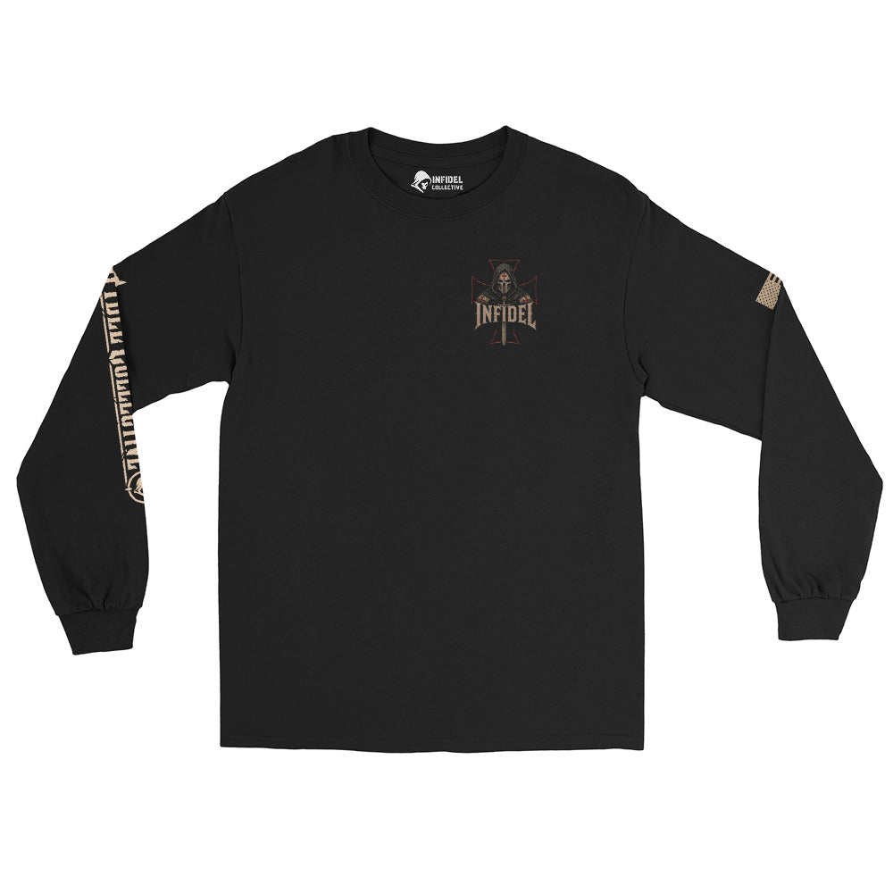 Death Mask Infidel No Mercy Given back-print black heavyweight long-sleeve tee, front view 2