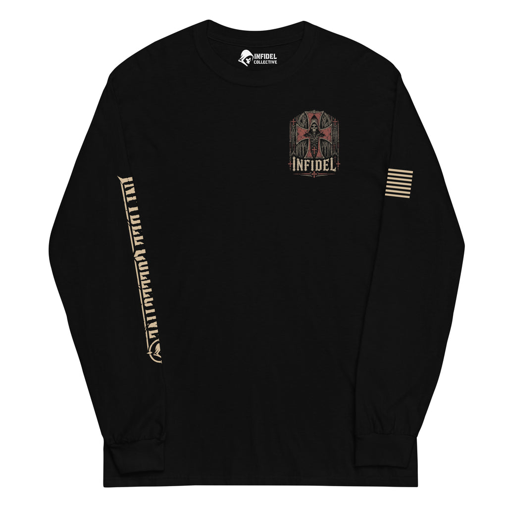 Forged by Fire Creed Back Print back-print black heavyweight long-sleeve tee, front view