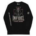Infidel Fear None Hooded Knight front-print black heavyweight long-sleeve tee, front view