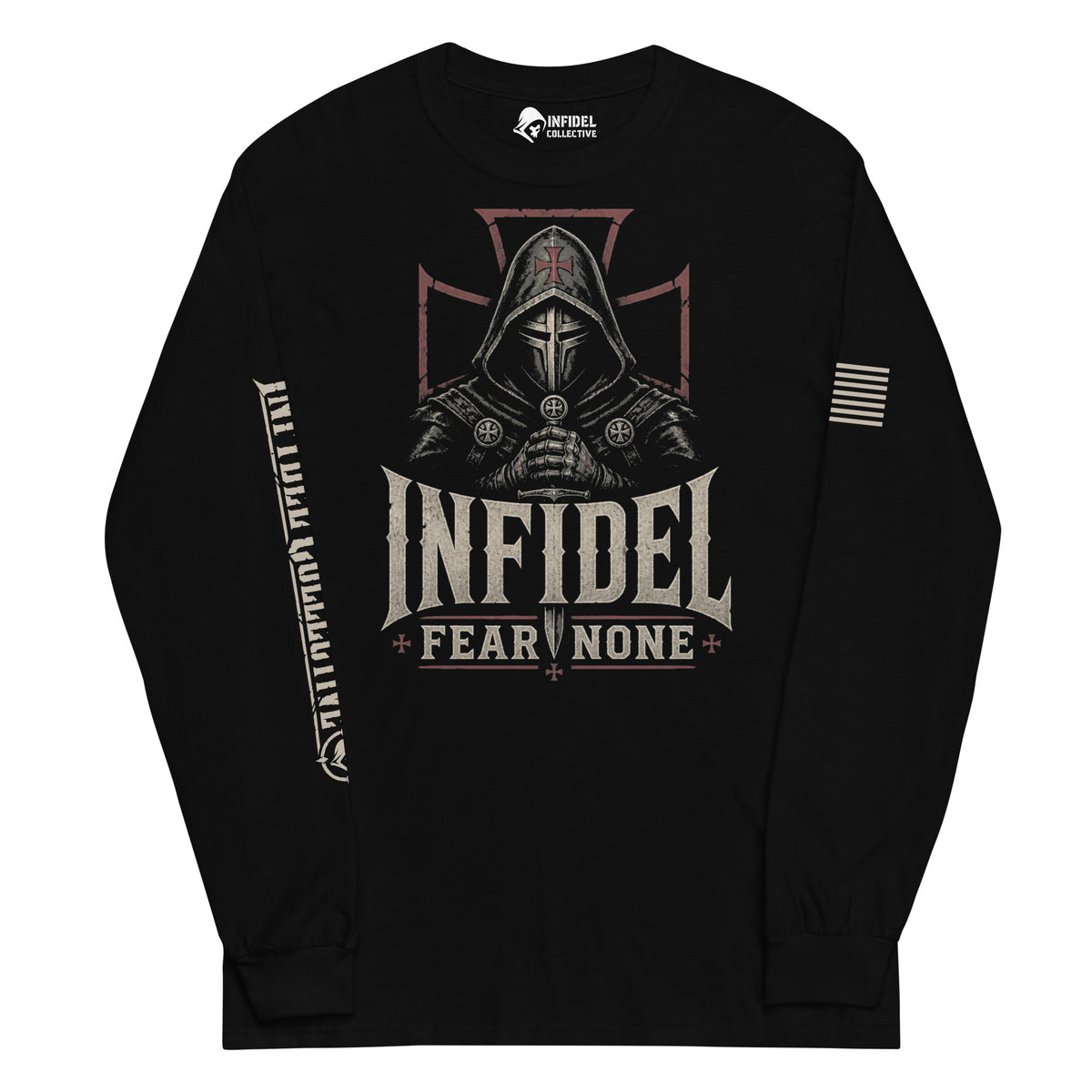 Infidel Fear None Hooded Knight front-print black heavyweight long-sleeve tee, front view