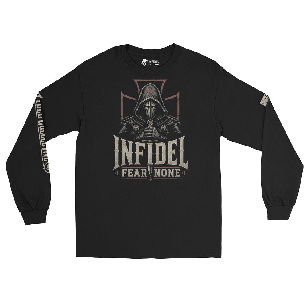 Infidel Fear None Hooded Knight front-print black heavyweight long-sleeve tee, front view 2