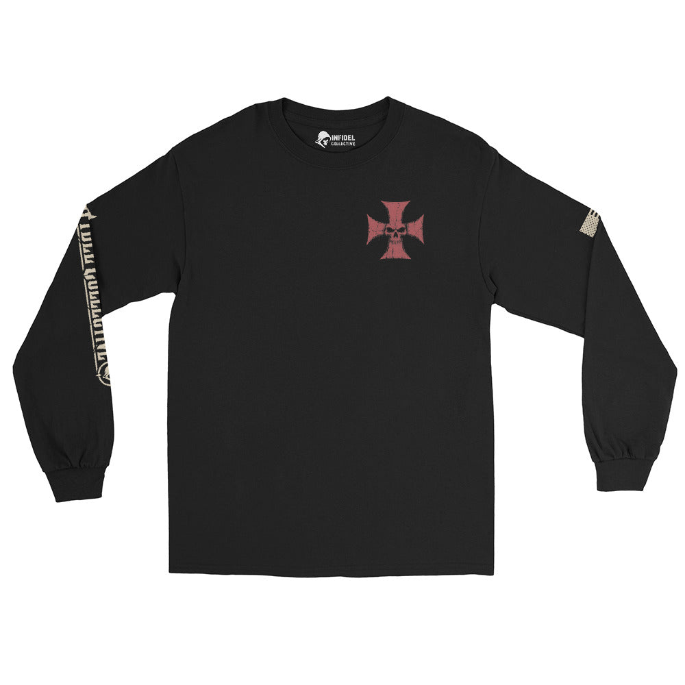Deus Vult American Infidel Back Print back-print black heavyweight long-sleeve tee, front view 2