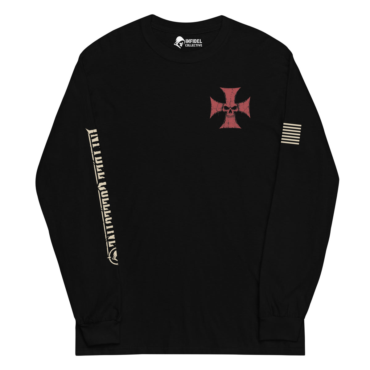 Deus Vult American Infidel Back Print back-print black heavyweight long-sleeve tee, front view
