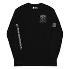 Knight of Infidel Never Bow Back Print back-print black heavyweight long-sleeve tee, front view